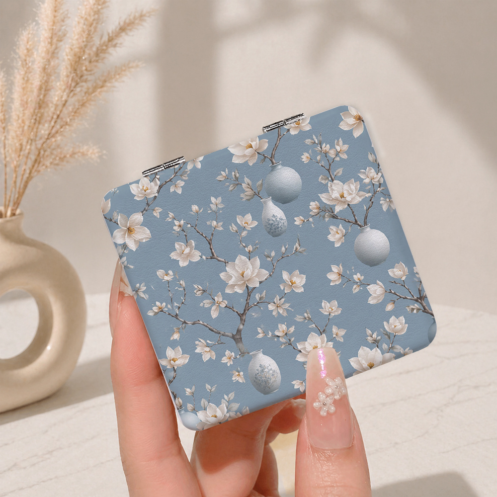 Blue Magnolia Pattern Portable PU Folding Mirror